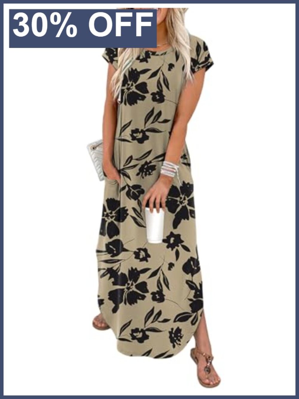 Maxi Dress with Pockets Crew Neck Cap Sleeve Summer Casual